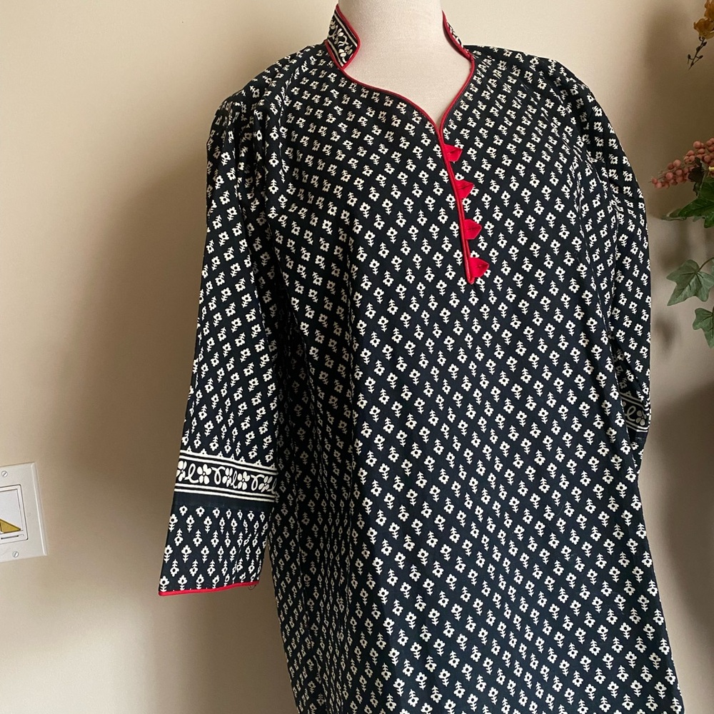 Black Printed Kurti top kameez Red Trim new
